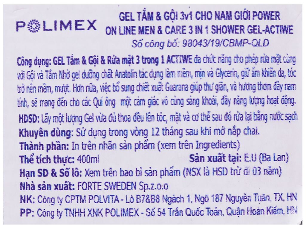 Tắm gội 3 in 1 On Line for men active 400ml 3