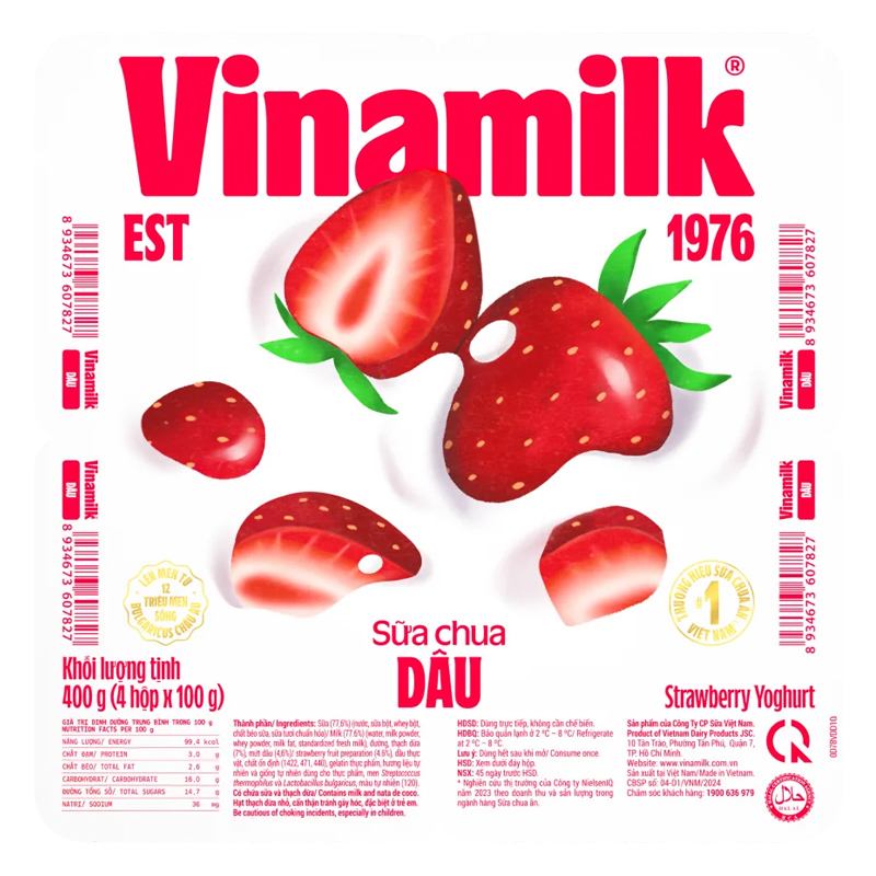 Lốc 4 hộp sữa chua có đường Vinamilk Sữa Tươi 100% 100g (từ 1 tuổi) 12