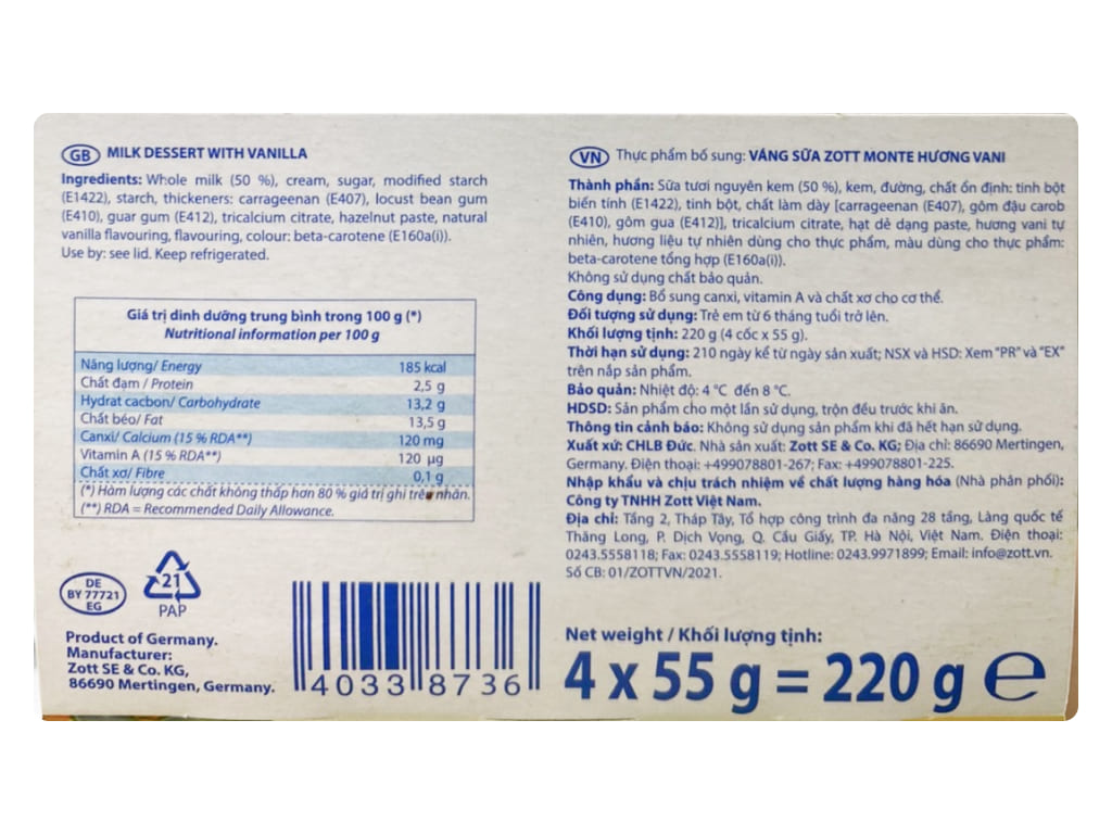 Lốc 4 hũ váng sữa Zott Monte vị vani 55g (từ 6 tháng) 5