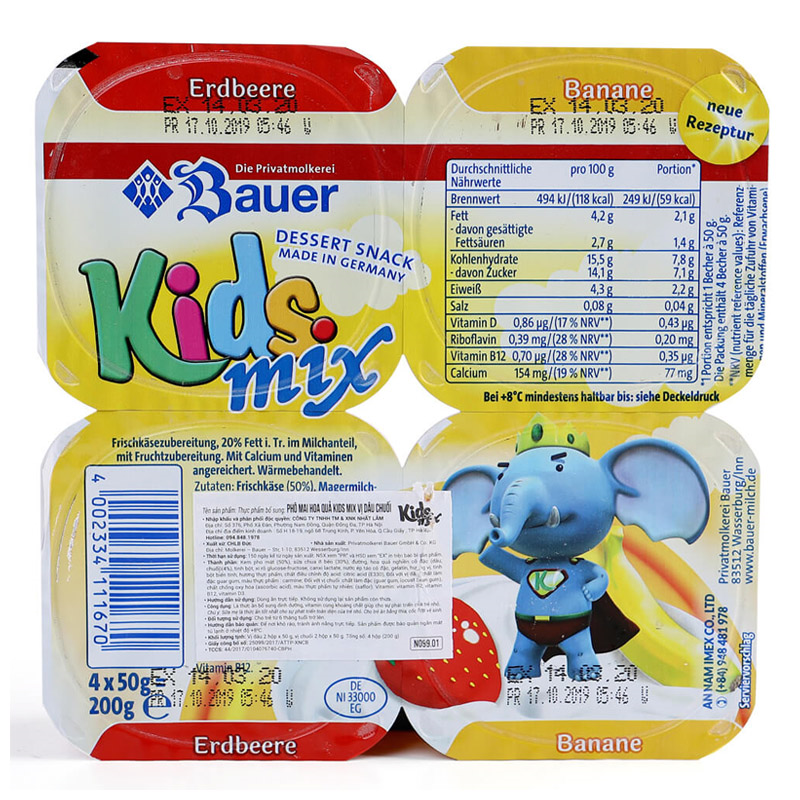 Lốc 4 hộp sữa chua phô mai Kids Mix vị dâu, chuối 50g (từ 6 tháng) - AVAKids.com