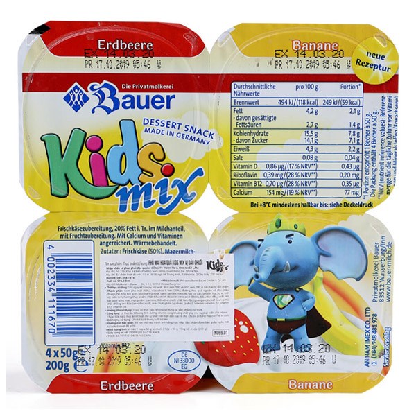 Lốc 4 Hộp Sữa Chua Phô Mai Kids Mix Vị Dâu, Chuối 50G (Từ 6 Tháng)