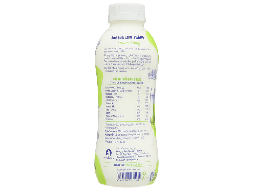 Sữa tươi thanh trùng có đường Lothamilk chai 490ml 4