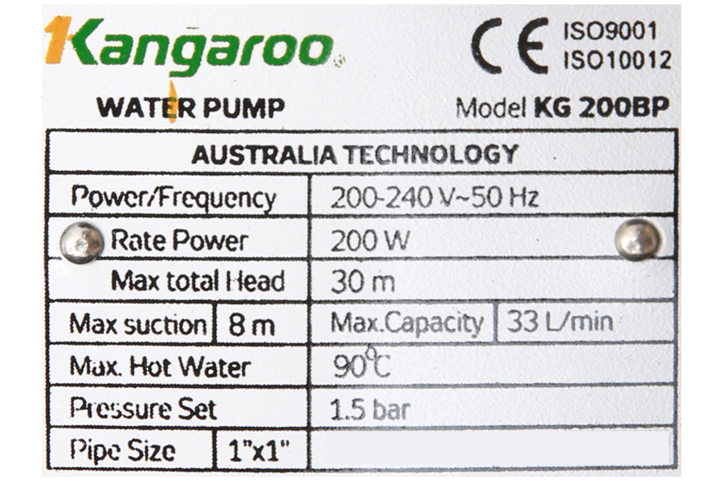 Siêu thị máy bơm nước đẩy cao chân không Kangaroo KG 200BP 200W