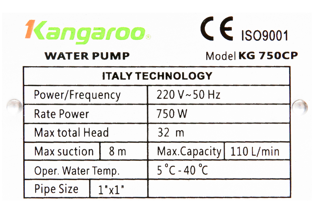 Siêu thị máy bơm nước đẩy cao ly tâm Kangaroo KG 750CP 750W