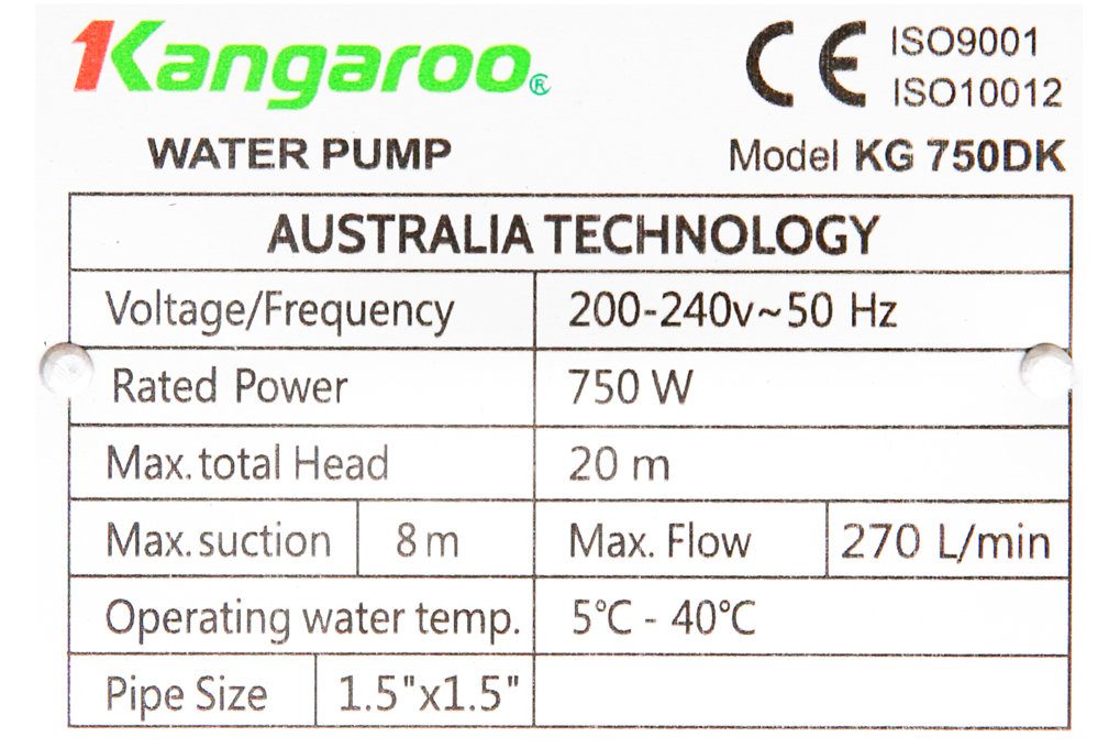 Máy bơm nước đẩy cao ly tâm Kangaroo KG 750DK 750W Màu Xanh Dương