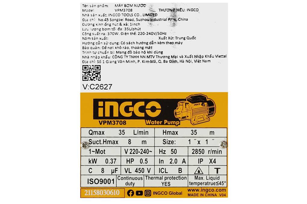Máy bơm nước đẩy cao Ingco VPM3708 370W Màu Đen - Vàng