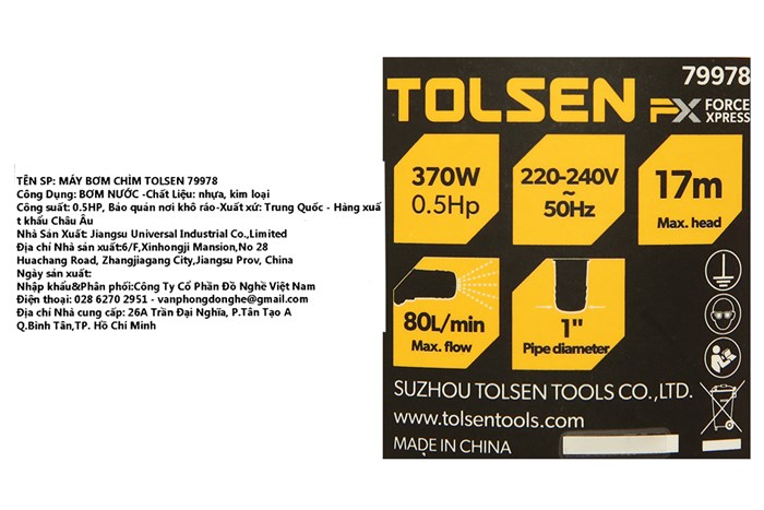 Máy bơm chìm Tolsen 79978 370W Màu Đen - Vàng