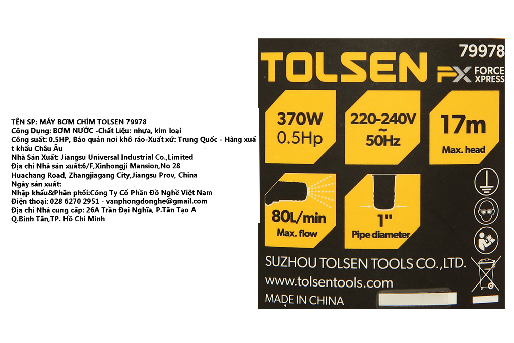 Máy bơm chìm Tolsen 79978 370W Màu Đen - Vàng