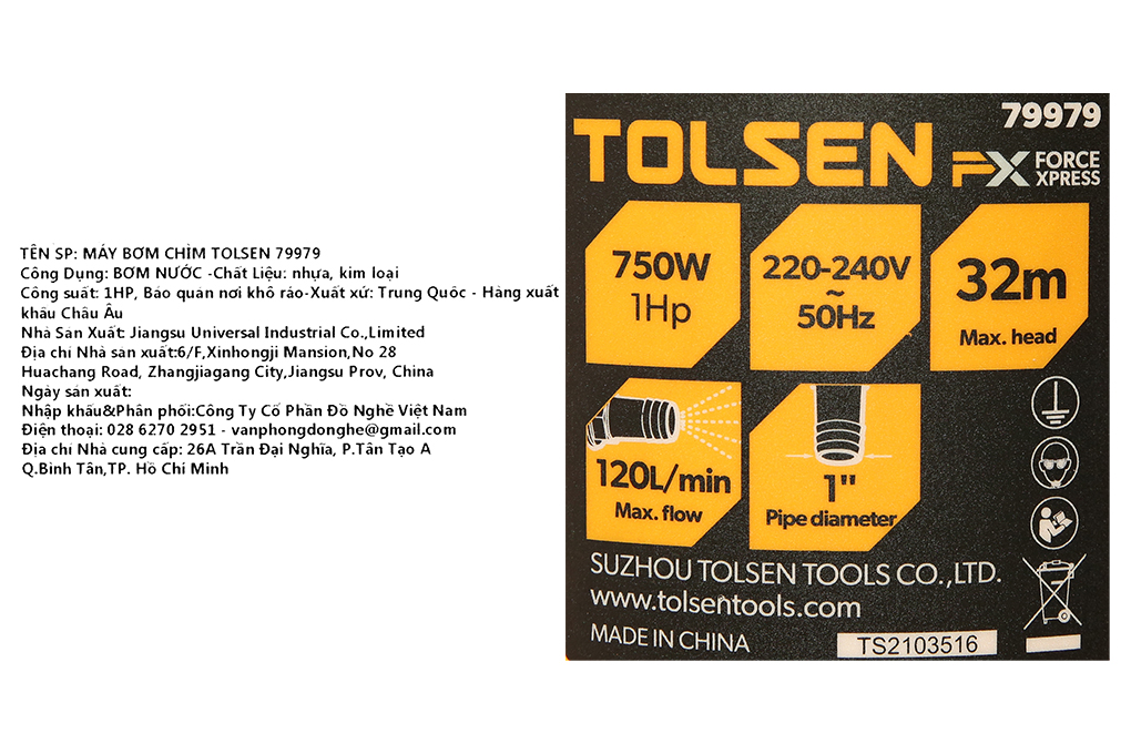 Máy bơm chìm Tolsen 79979 750W Màu Đen - Vàng