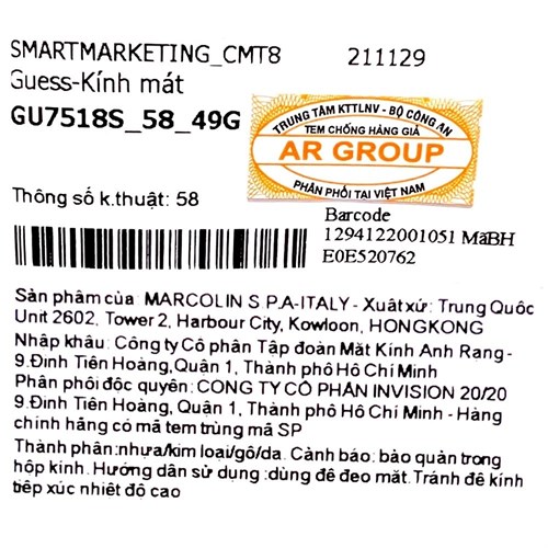 Mắt kính thời trang Nam Guess GU7518S_58_49G Màu Đen - nâu