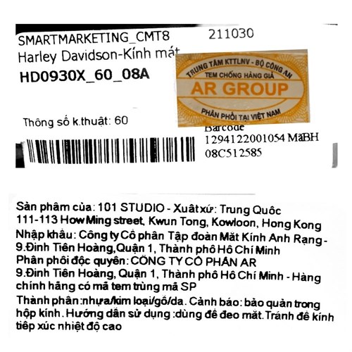 Mắt kính thời trang Nam Harley Davidson HD0930X_60_08A Màu Đen