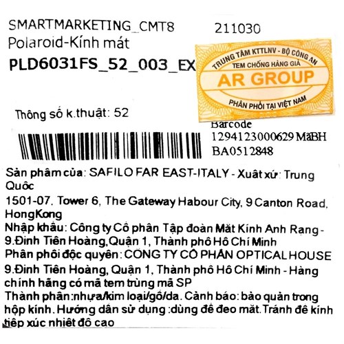 Mắt kính thời trang Unisex Polaroid PLD6031FS_52_003_EX Màu Đen