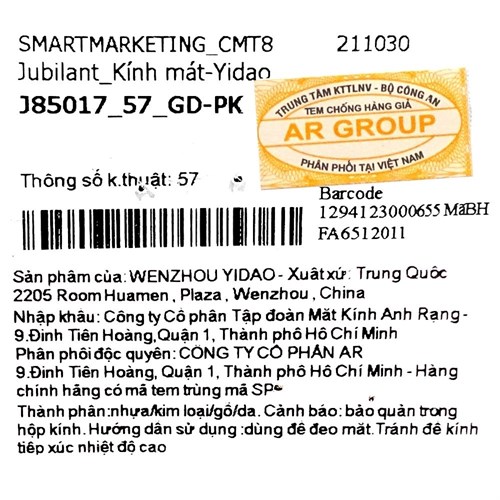 Mắt kính thời trang Nữ Jubilant J85017_57_GD-PK Màu Vàng