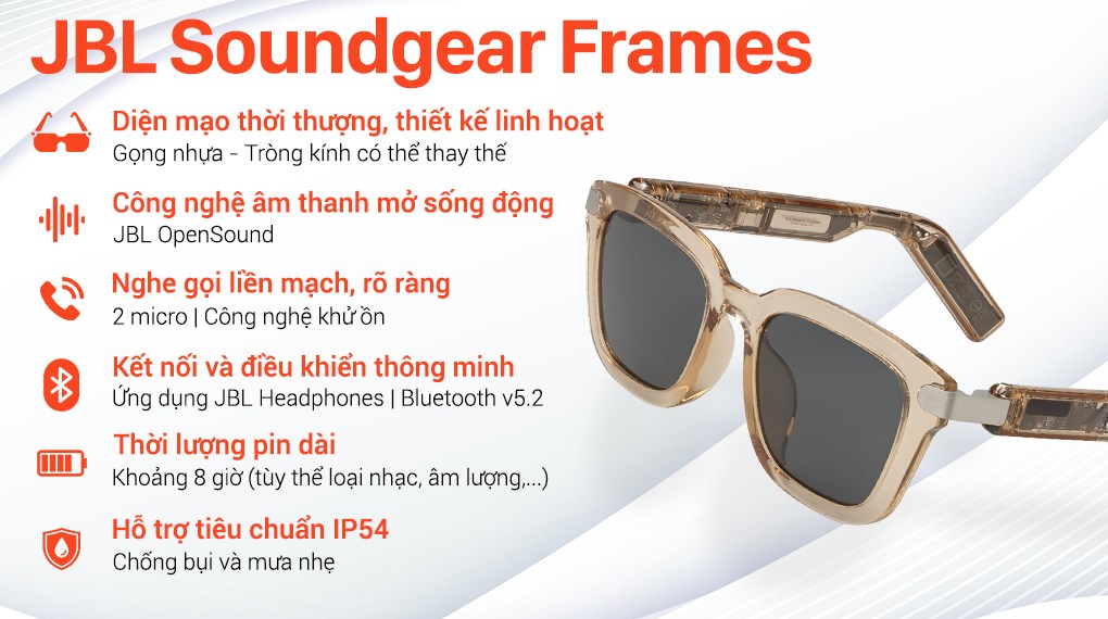 Mắt kính phát nhạc JBL Soundgear Frames Vàng hổ phách