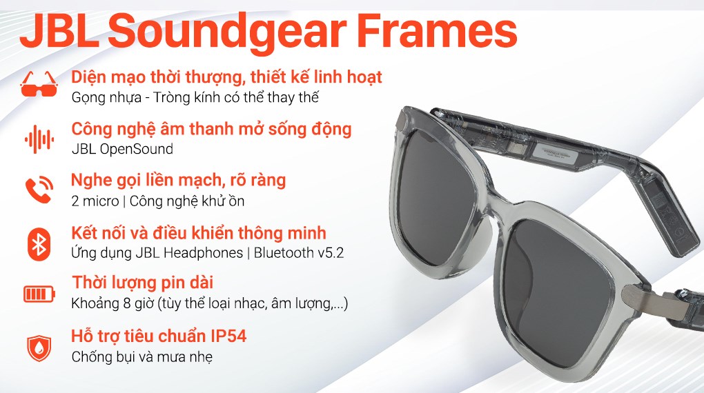 Mắt kính phát nhạc JBL Soundgear Frames Đen đá Onyx