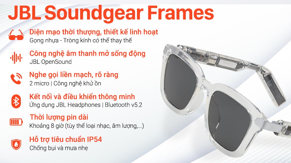 Mắt kính phát nhạc JBL Soundgear Frames Trắng ngọc trai