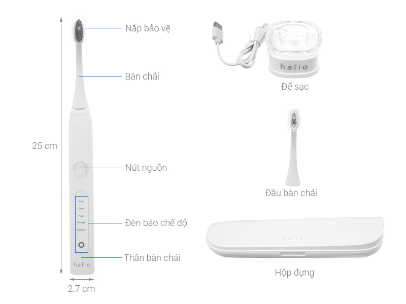 Bàn chải điện Halio Sonic Whitening Pro White (Tặng 1 đầu chải)
