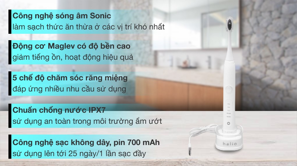 Bàn chải điện Halio Sonic Whitening Pro White (Tặng 1 đầu chải)