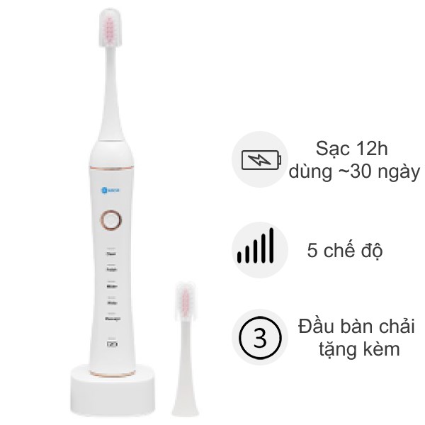 Bàn chải điện Kachi MK-309 trắng (Tặng 3 đầu bàn chải)
