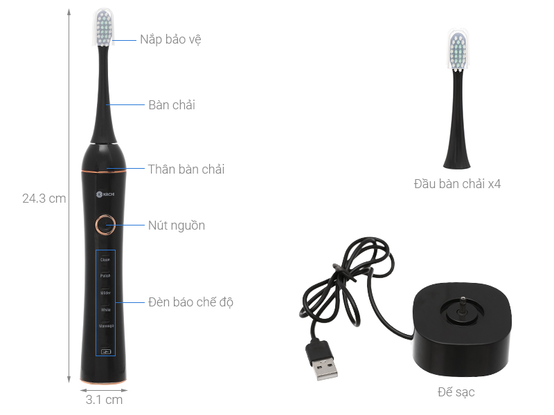 Bàn chải điện Kachi MK-309 đen (Tặng 3 đầu bàn chải)