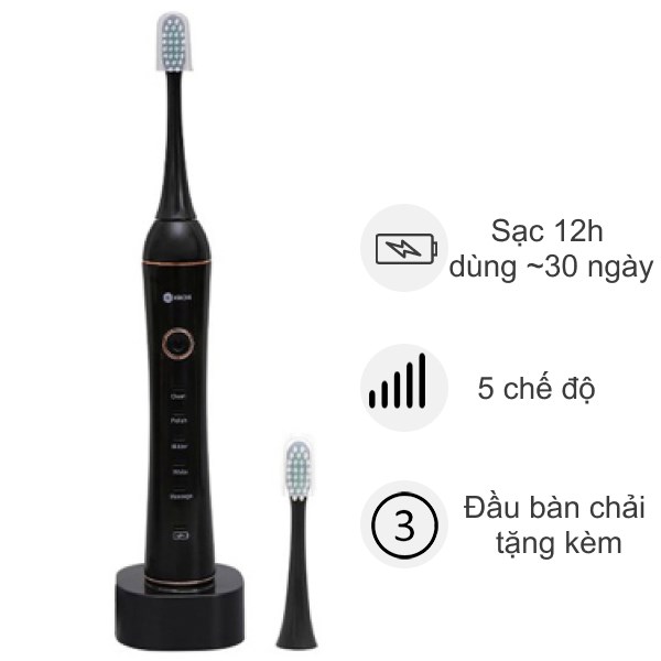 Bàn chải điện Kachi MK-309 đen (Tặng 3 đầu bàn chải)