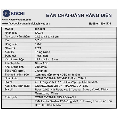 Bàn chải điện Kachi MK-309 đen (Tặng 3 đầu bàn chải) Màu Đen