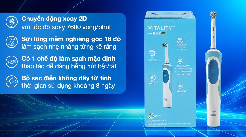Bàn chải điện Oral-B Vitality Extra Sensitive Clean D12.513 với đầu bàn chải tròn xoay 2D với tốc độ 7600 vòng/phút mang đến khả năng làm sạch hiệu quả