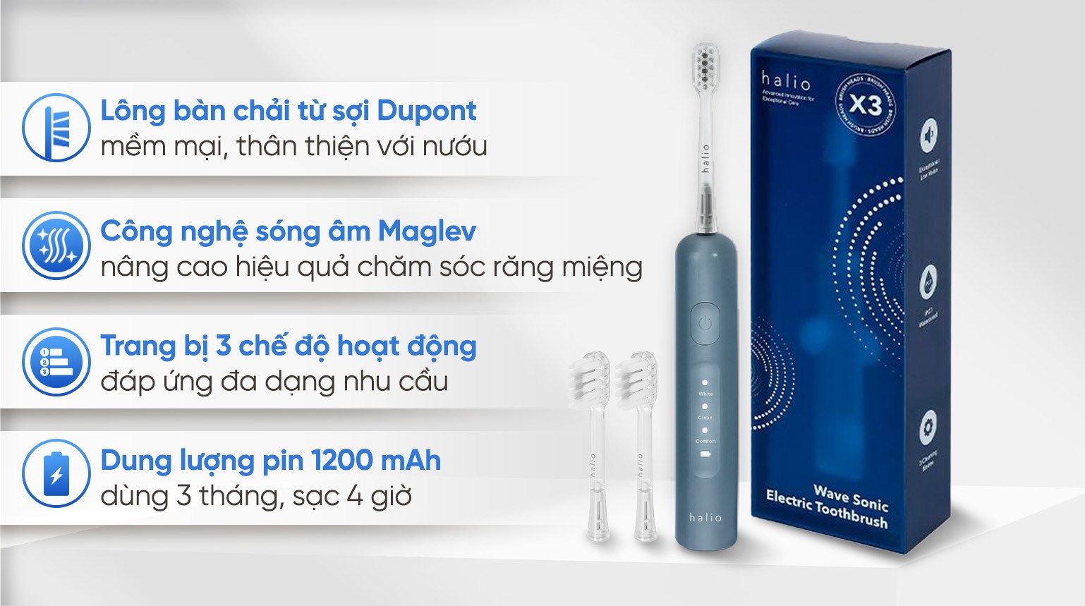 Bàn chải điện Halio Wave Sonic Smoky Sky hoạt động dựa trên công nghệ sóng âm sonic