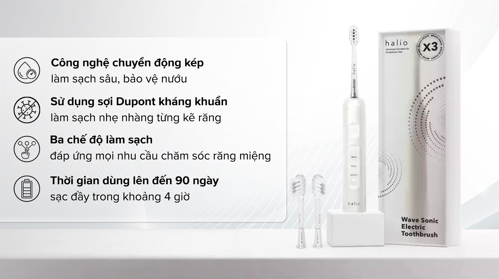 Bàn chải điện Halio Wave Sonic Cloud White sóng âm được tích hợp bộ phận cảm biến giúp người dùng điều chỉnh lực đánh phù hợp