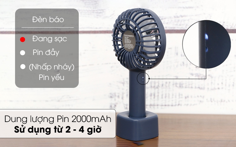 Dung lượng Pin 2000mAh, sử dụng 2 đến 4 giờ liền - Quạt sạc mini Cosano CF001 Xanh đen