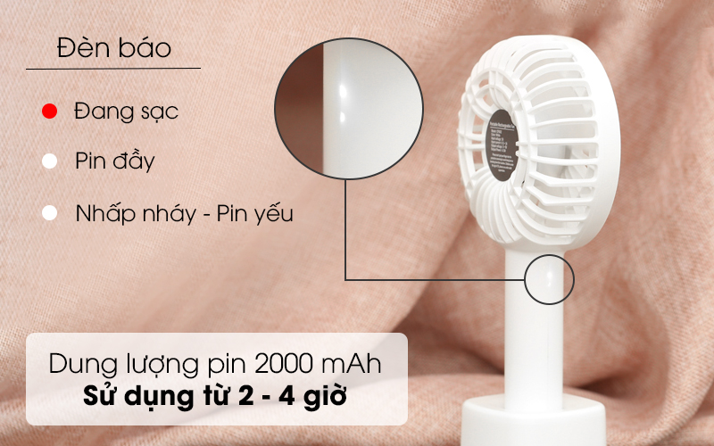 Dung lượng pin lên đến 2000 mAh sử dụng được 2 đến 4 giờ liền - Quạt sạc mini Cosano CF002 Trắng