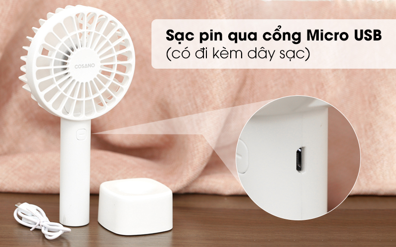 Sử dụng cổng sạc USB thông dụng - Quạt sạc mini Cosano CF002 Trắng