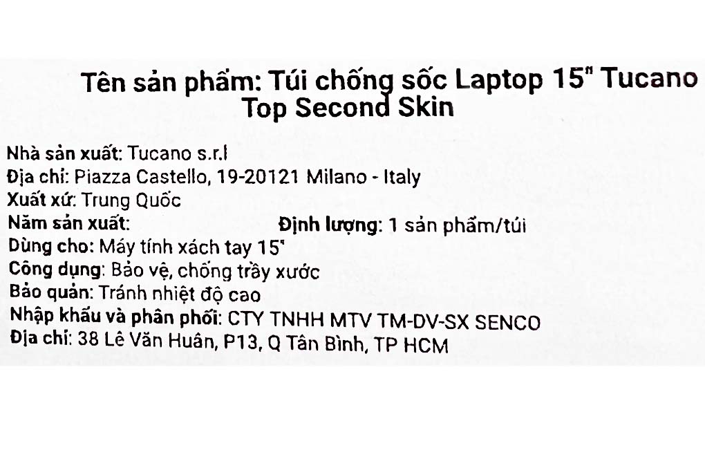Túi chống sốc Laptop 15 inch Tucano Top Second Skin Màu Đen