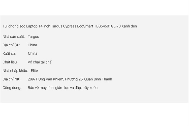 Túi chống sốc Laptop 14 inch Targus Cypress EcoSmart TBS64601GL-70 Màu Xanh đen