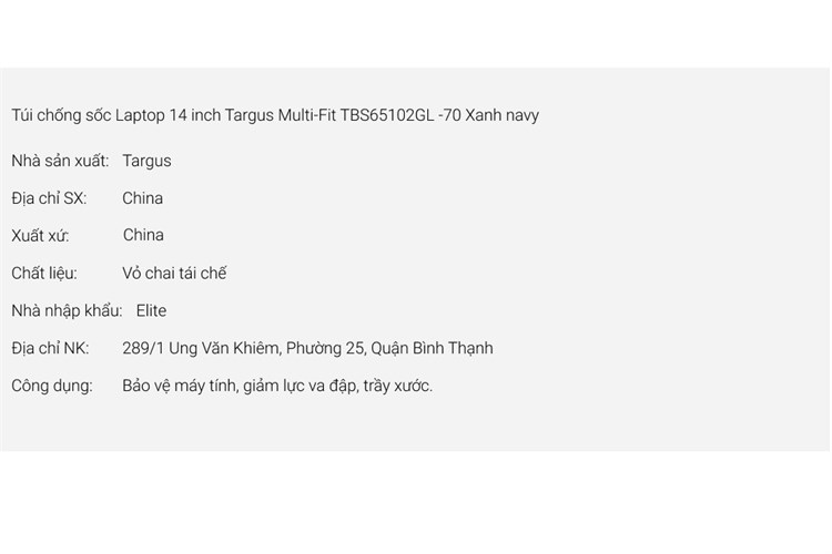 Túi chống sốc Laptop 14 inch Targus Multi-Fit TBS65102GL -70 Màu Xanh Navy