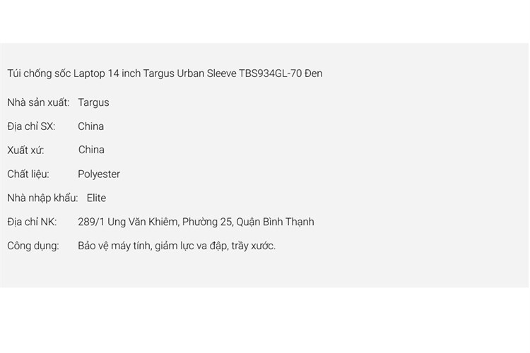 Túi chống sốc Laptop 14 inch Targus Urban Sleeve TBS934GL-70 Màu Đen