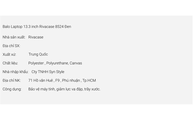 Balo Laptop 13.3 inch Rivacase 8524 Đen Màu Đen