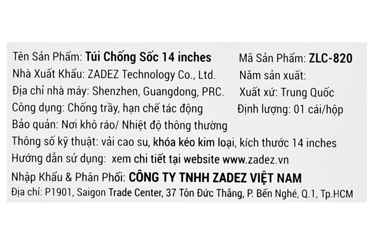 Túi chống sốc Laptop 14 inch Zadez ZLC-820 Màu Đen