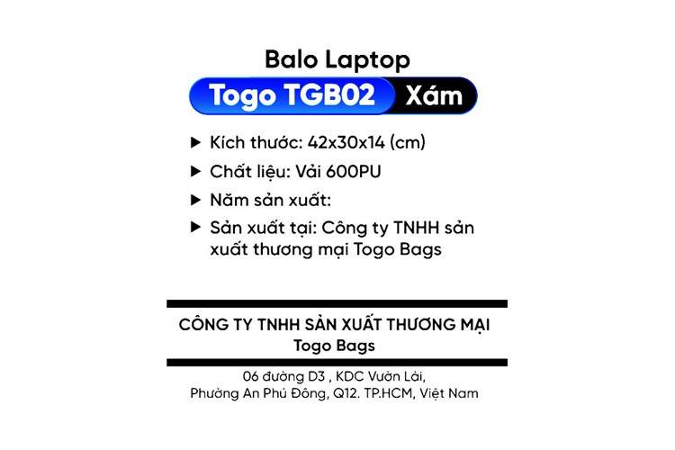Balo Laptop 16 inch Togo TGB02 Màu Xám