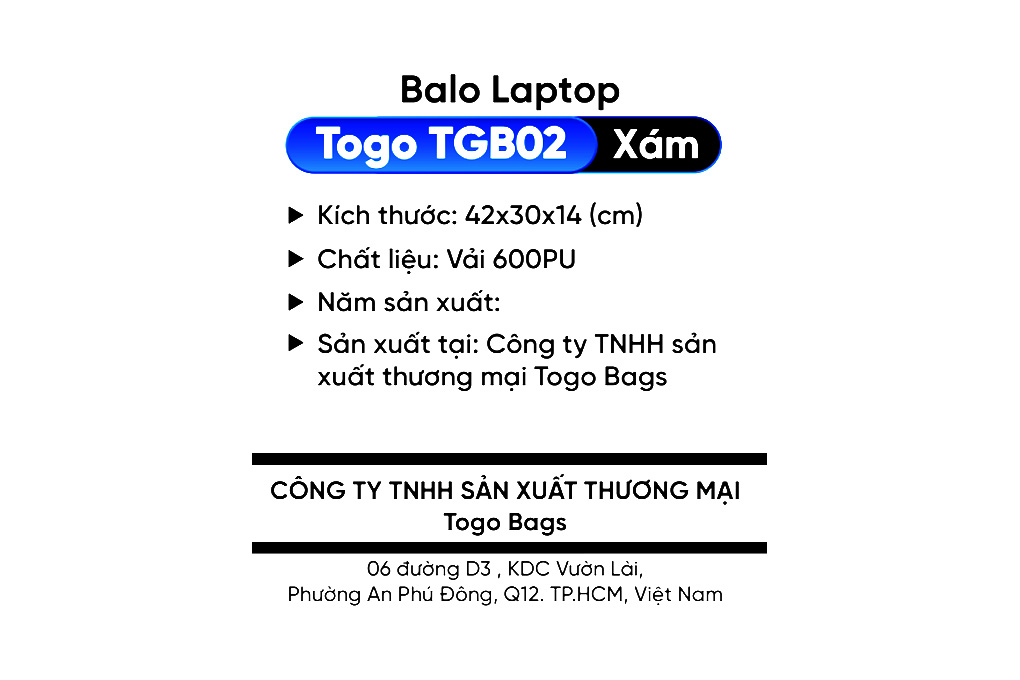 Balo Laptop 16 inch Togo TGB02 Màu Xám