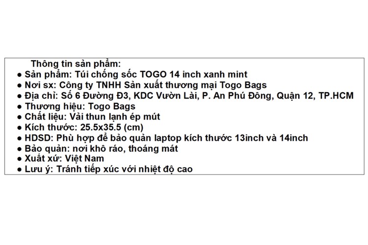 Túi chống sốc Laptop 14 inch Togo Kéo đứng Màu Xanh mint