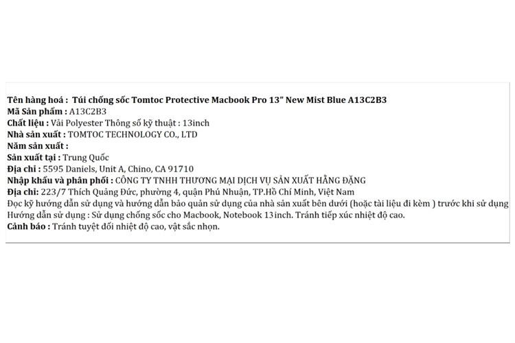 Túi chống sốc Macbook Pro 13 inch Tomtoc A13C2B3 Màu Xanh nhạt