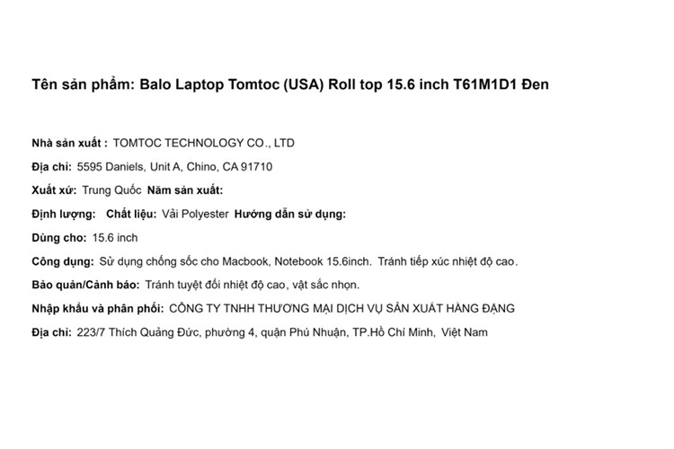 Balo Laptop 15.6 inch Tomtoc Roll top T61M1D1 Màu Đen