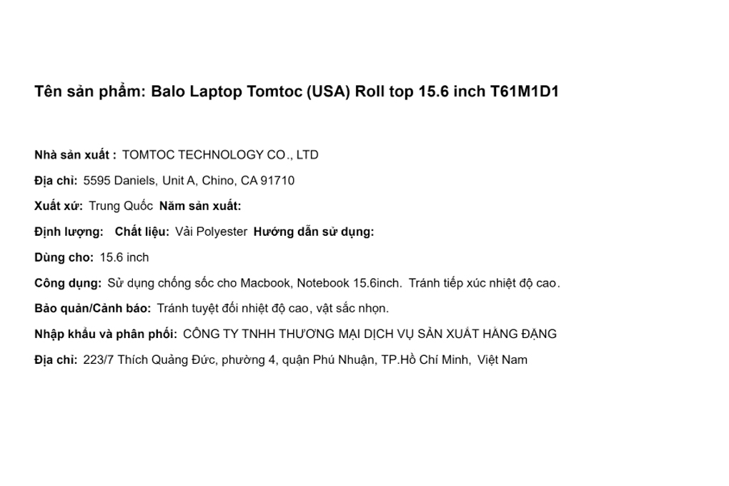 Balo Laptop 15.6 inch Tomtoc Roll top T61M1D1 Màu Xanh Đậm