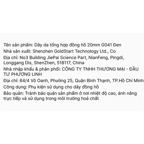 Dây da tổng hợp đồng hồ 20mm G041 Đen Màu Đen