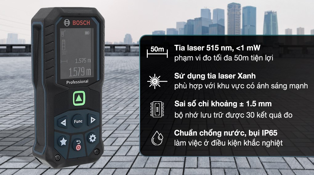 Máy đo khoảng cách laser Bosch GLM 50-23 G hoạt động bằng pin AAA dễ dàng thay mới khi hết năng lượng