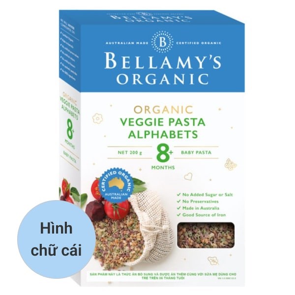 Nui ăn dặm hữu cơ rau củ Bellamys Organic hình chữ cái 200g (từ 8 tháng)