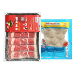 Thịt ba rọi bò Thảo Tiến Foods khay 300g và cá viên Tân Việt Sin gói 200g