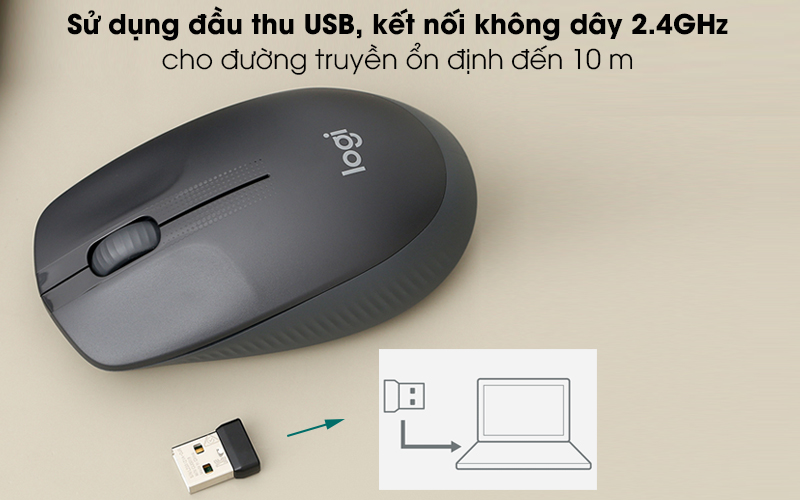 Chuột Không Dây Logitech M190 - Cắm USB Receiver (đầu thu USB) vào tivi, laptop hay PC là có thể dùng chuột được ngay