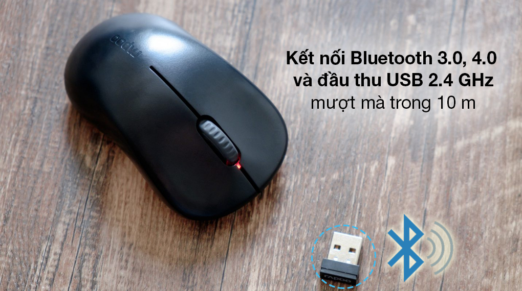 Chuột không dây Bluetooth Rapoo M160 đen - Kết nối Bluetooth 3.0, 4.0 và USB Receiver (đầu thu USB) 2.4 GHz ổn định trong phạm vi tới 10 m